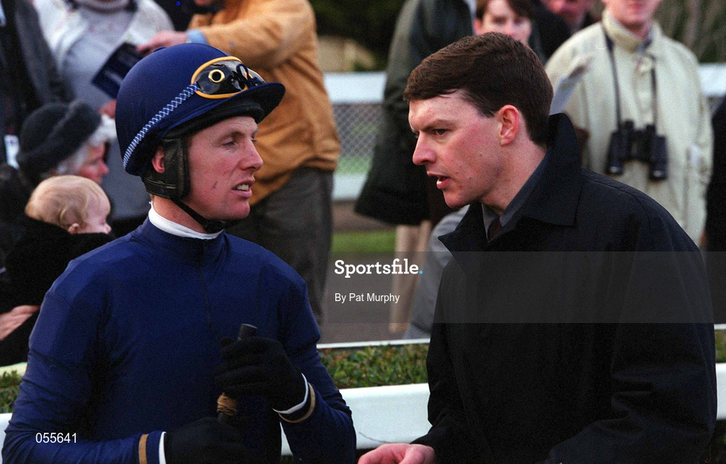 21 January 2001; Jockey Charlie Swan, left, and trainer Aidan O'Brien at Leopardstown Racecourse in Dublin. Photo by Pat Murphy/Sportsfile