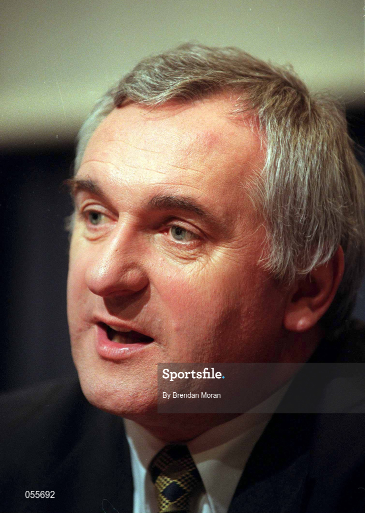 26 January 2000; An Taoiseach Mr. Bertie Ahern T.D., at the announcement at Government Buildings in Dublin, that the government is to proceed immediately with plans to build a 'Campus of Sporting Excellence' to be called Sports Campus Ireland which will have as its centrepiece an 80,000 all seated National Stadium capable of accomodating all field sports. Photo by Brendan Moran/Sportsfile
