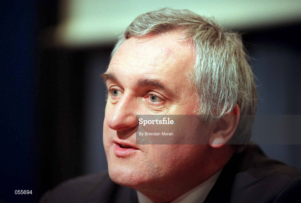 26 January 2000; An Taoiseach Mr. Bertie Ahern T.D., at the announcement at Government Buildings in Dublin, that the government is to proceed immediately with plans to build a 'Campus of Sporting Excellence' to be called Sports Campus Ireland which will have as its centrepiece an 80,000 all seated National Stadium capable of accomodating all field sports. Photo by Brendan Moran/Sportsfile