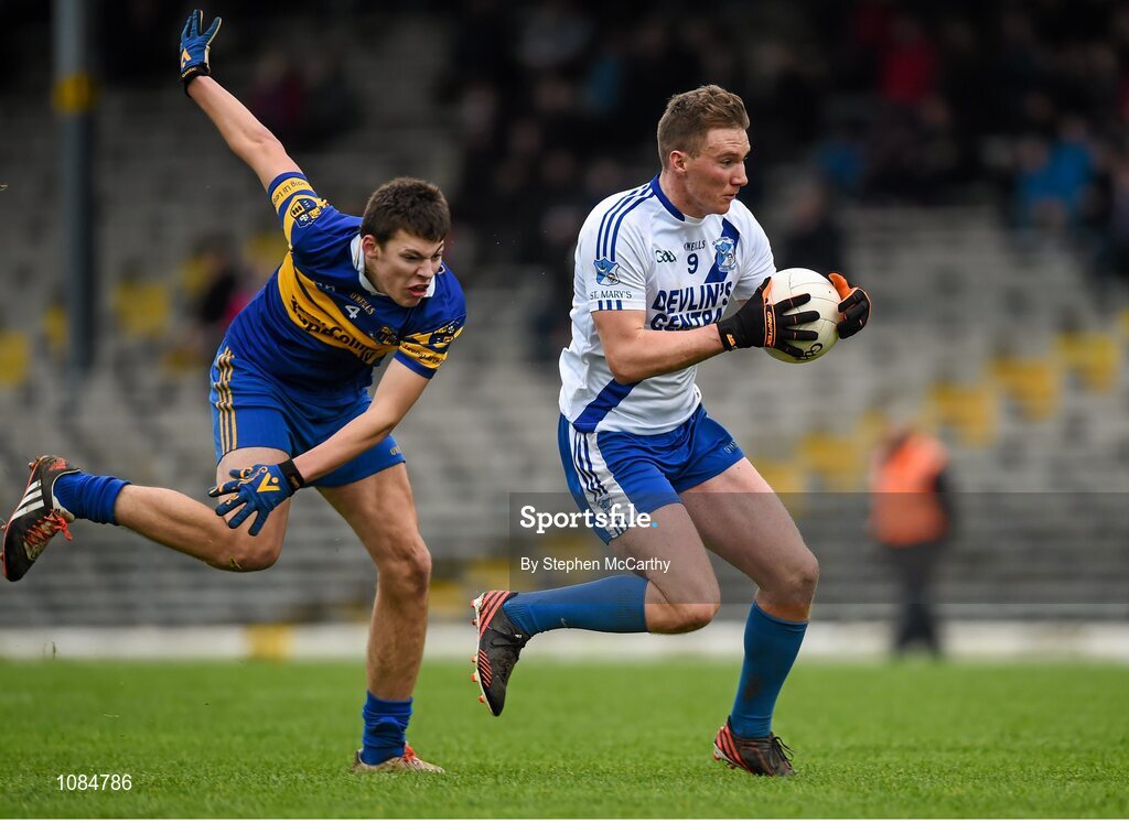 28 November 2015; Denis Daly, St Mary's, in action against Kieran Kavanagh, Carrigaline. AIB Munster GAA Football Intermediate Club Championship Final, St Mary's, Kerry, v Carrigaline, Cork. Fitzgerald Stadium, Killarney, Co. Kerry. Picture credit: Stephen McCarthy / SPORTSFILE