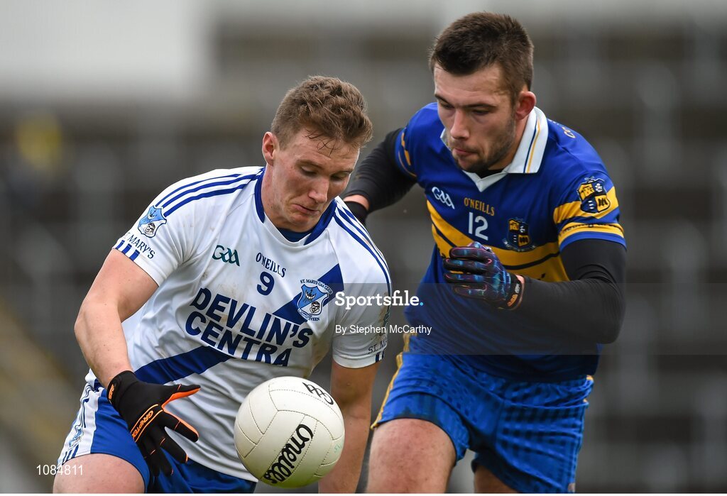 28 November 2015; Denis Daly, St Mary's, in action against Eoin Kavanagh, Carrigaline. AIB Munster GAA Football Intermediate Club Championship Final, St Mary's, Kerry, v Carrigaline, Cork. Fitzgerald Stadium, Killarney, Co. Kerry. Picture credit: Stephen McCarthy / SPORTSFILE