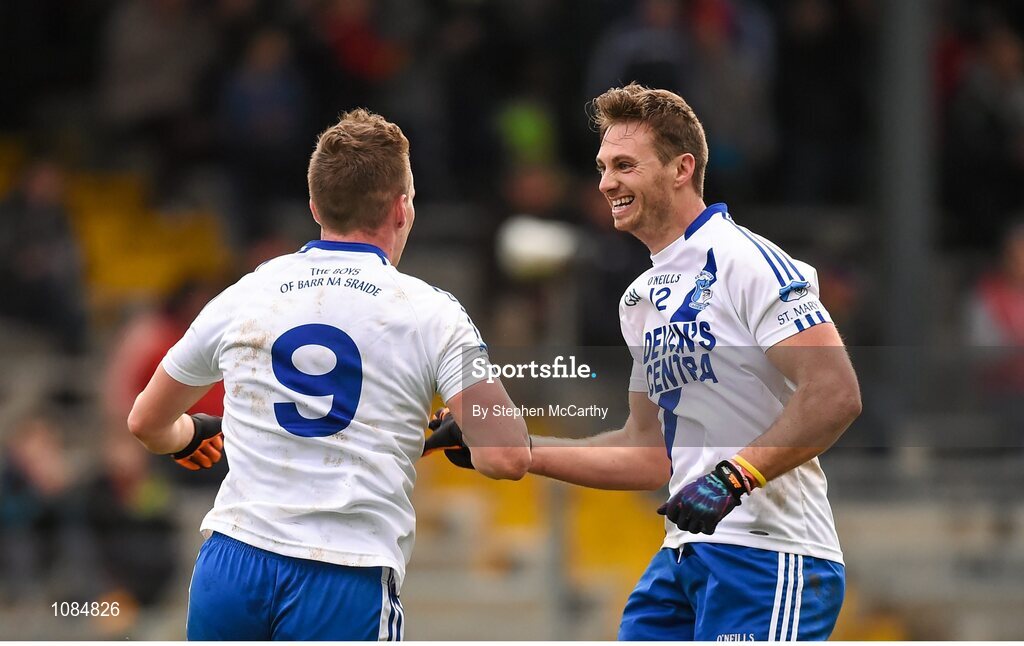 28 November 2015; Denis Daly, St Mary's, is congratulated by team-mate Paul O'Donoghue, right, after scoring his side's first goal. AIB Munster GAA Football Intermediate Club Championship Final, St Mary's, Kerry, v Carrigaline, Cork. Fitzgerald Stadium, Killarney, Co. Kerry. Picture credit: Stephen McCarthy / SPORTSFILE