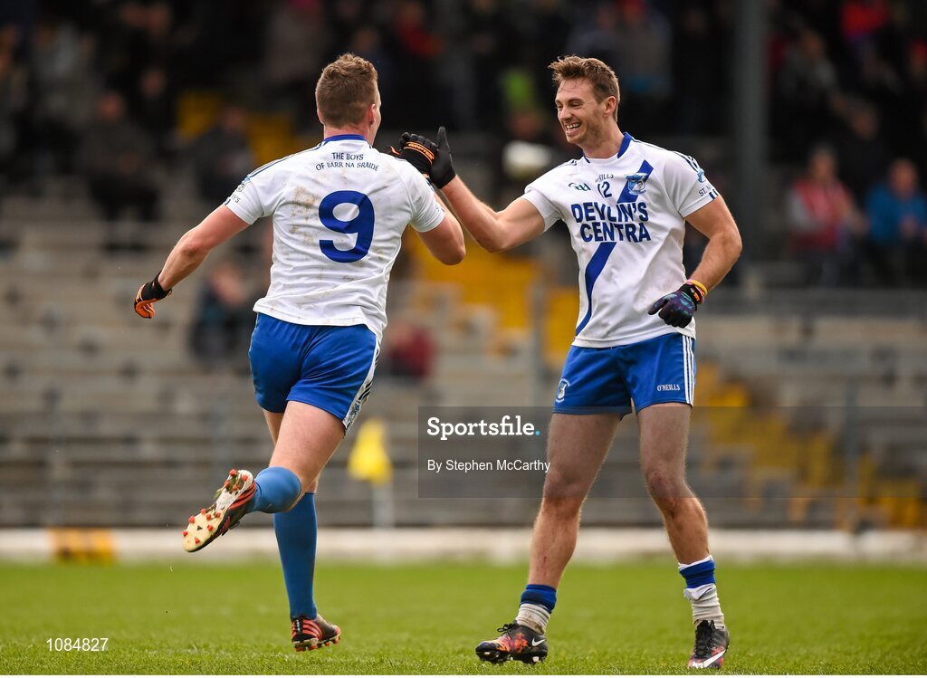 28 November 2015; Denis Daly, St Mary's, is congratulated by team-mate Paul O'Donoghue, right, after scoring his side's first goal. AIB Munster GAA Football Intermediate Club Championship Final, St Mary's, Kerry, v Carrigaline, Cork. Fitzgerald Stadium, Killarney, Co. Kerry. Picture credit: Stephen McCarthy / SPORTSFILE