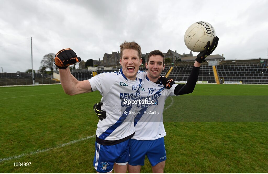 28 November 2015; Aidan Walsh, left, and Patrick Cournane, St Mary's, celebrate their side's victory. AIB Munster GAA Football Intermediate Club Championship Final, St Mary's, Kerry, v Carrigaline, Cork. Fitzgerald Stadium, Killarney, Co. Kerry. Picture credit: Stephen McCarthy / SPORTSFILE