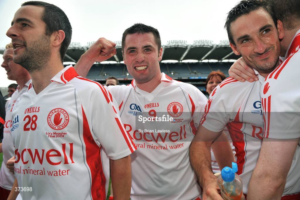 11 July 2009; Tyrone players, from left, Sean O'Neill, Tony Hughes, and Terry McIntosh, celebrate after the match. Lory Meagher Cup Final, Tyrone v Donegal, Croke Park, Dublin. Picture credit: Brian Lawless / SPORTSFILE