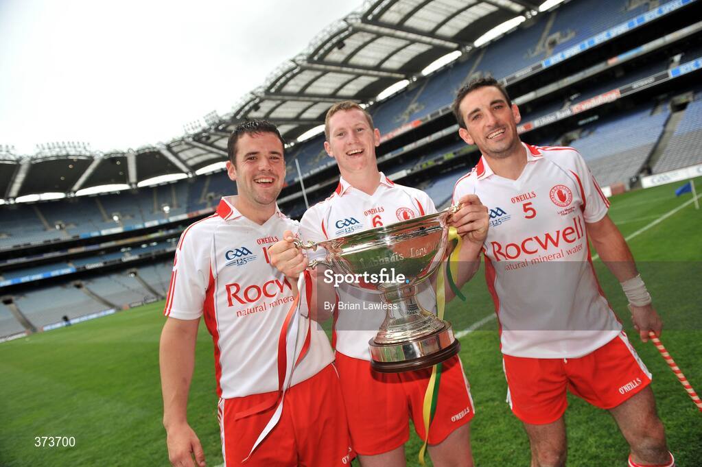 11 July 2009; Tyrone players, from left, David Lavery, Stephen Donnelly, and Terry McIntosh, celebrate with the cup. Lory Meagher Cup Final, Tyrone v Donegal, Croke Park, Dublin. Picture credit: Brian Lawless / SPORTSFILE