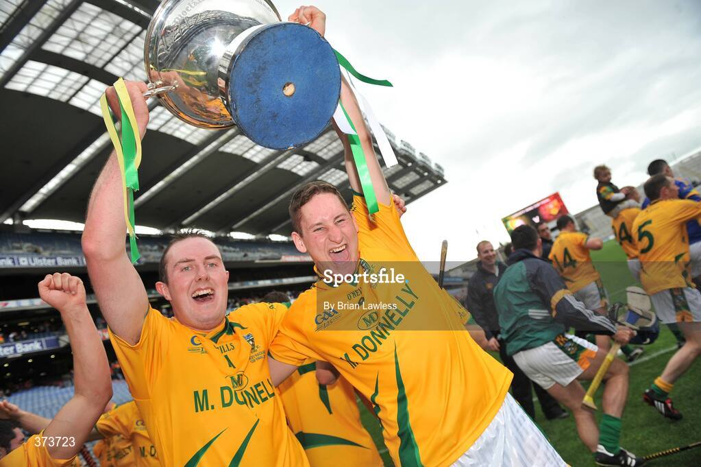 11 July 2009; Meath captain Neil Hackett, left, and team-mate Paul Fagan celebratew with the cup. Nicky Rackard Cup Final, Meath v London, Croke Park, Dublin. Picture credit: Brian Lawless / SPORTSFILE