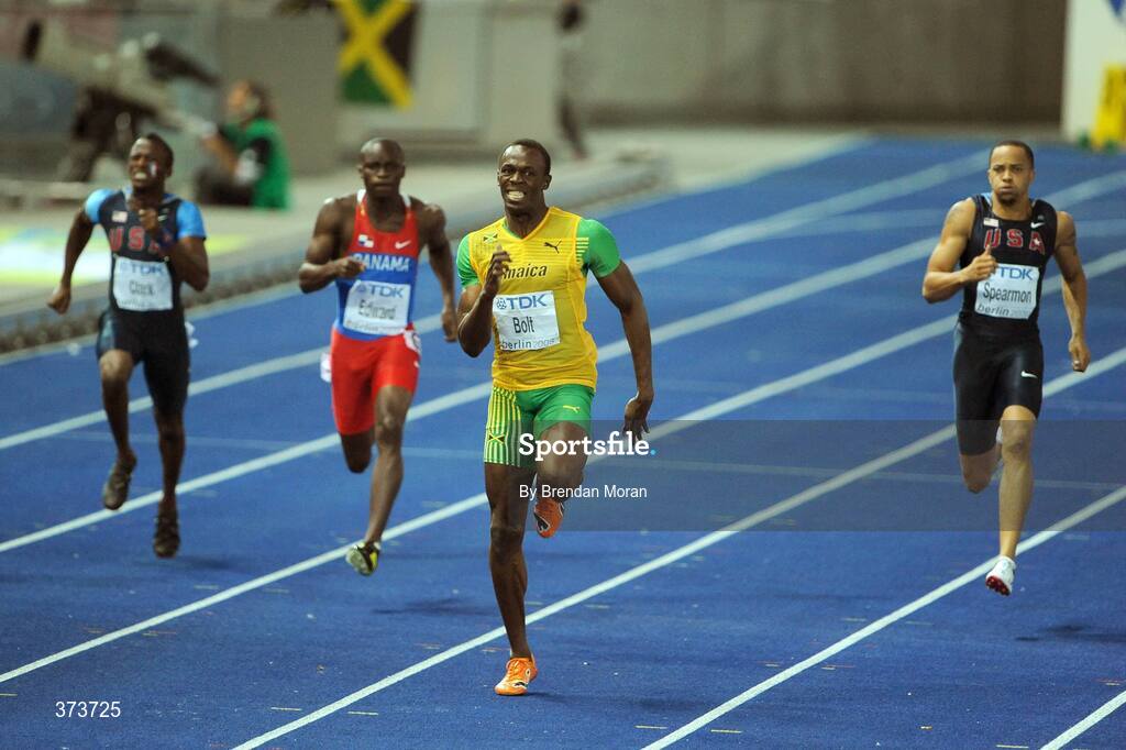 20 August 2009; Usain Bolt of Jamaica races clear of the field on his way to winning the Men's 200m Final in a World Record time of 19.19 seconds during the 12th IAAF World Championships in Athletics at the Olympic Stadium in Berlin, Germany. Photo by Brendan Moran/Sportsfile
