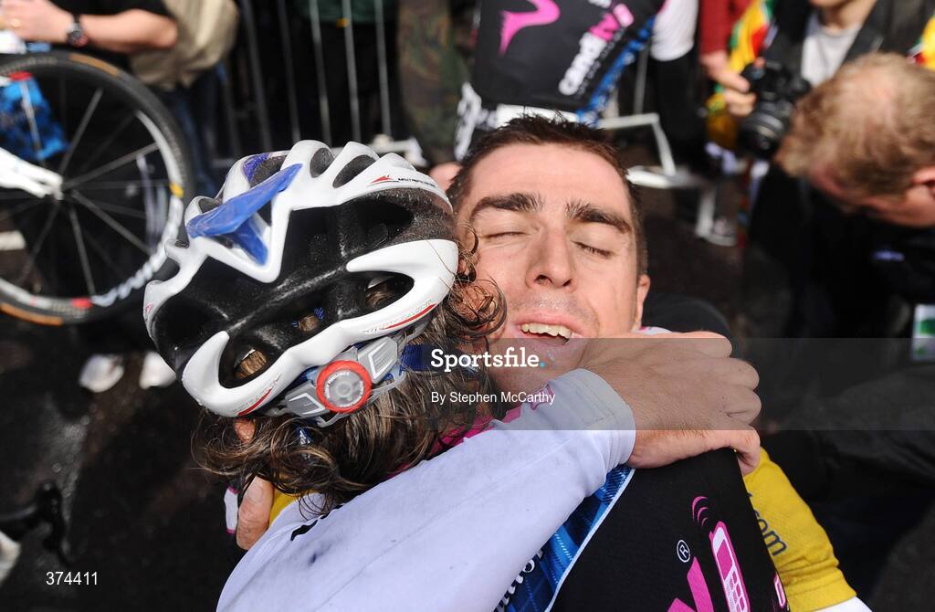 23 August 2009; Race winner Russell Downing, Candi TV - Marshalls Pasta, celebrates with a team-mate after stage 3 of the Tour of Ireland. 2009 Tour of Ireland -  Stage 3, Bantry to Cork. Picture credit: Stephen McCarthy / SPORTSFILE