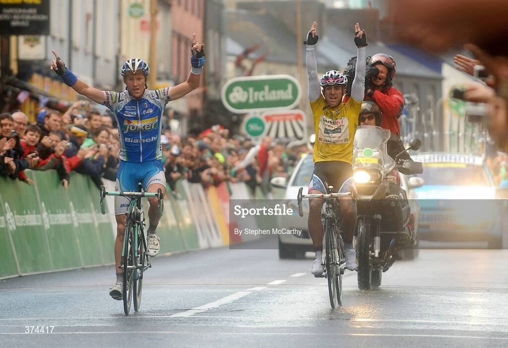 23 August 2009; Lars Petter Nordhaug, Joker Bianchi, celebrates winning stage 3 of the Tour of Ireland as Russell Downing, Candi TV - Marshalls Pasta, right, celebrates winning the race. 2009 Tour of Ireland -  Stage 3, Bantry to Cork. Picture credit: Stephen McCarthy / SPORTSFILE