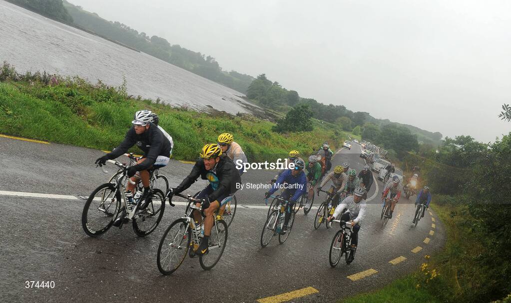 23 August 2009; Lance Armstrong, Astana, leads a chasing group as the race departs Ballydehob during stage 3 of the Tour of Ireland. 2009 Tour of Ireland -  Stage 3, Bantry to Cork. Picture credit: Stephen McCarthy / SPORTSFILE