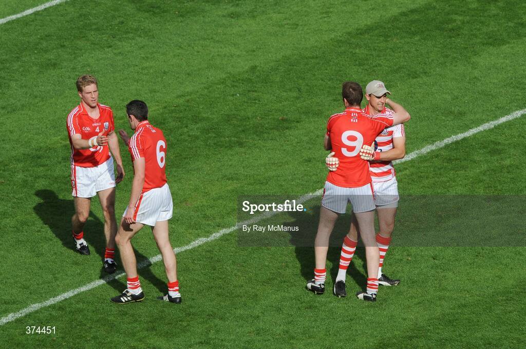 23 August 2009; Cork players, from left, Anthony Lynch, Graham Canty, Nicholas Murphy and goalkeeper Alan Quirke celebrate after the game. GAA Football All-Ireland Senior Championship Semi-Final, Tyrone v Cork, Croke Park, Dublin. Picture credit: Ray McManus / SPORTSFILE