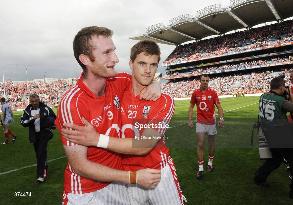 23 August 2009; Cork's Nicholas Murphy and Eoin Cadogan celebrate after the game. GAA Football All-Ireland Senior Championship Semi-Final, Tyrone v Cork, Croke Park, Dublin. Picture credit: Oliver McVeigh / SPORTSFILE