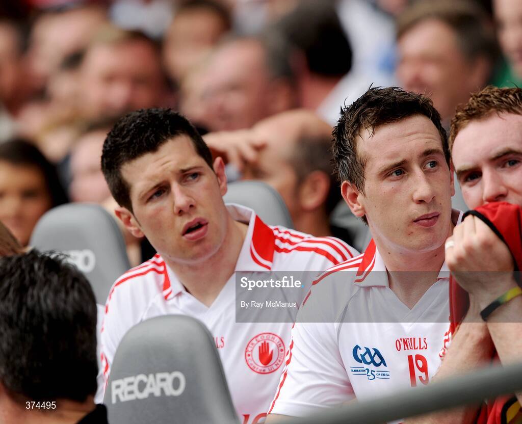 23 August 2009; Sean Cavanagh and his brother Colm, 19, on the subs bench before the game. GAA Football All-Ireland Senior Championship Semi-Final, Tyrone v Cork, Croke Park, Dublin. Picture credit: Ray McManus / SPORTSFILE