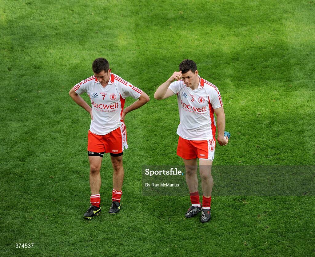23 August 2009; Tyrone defenders Philip Jordan, 7, and Conor Gormley after the game.  GAA Football All-Ireland Senior Championship Semi-Final, Tyrone v Cork, Croke Park, Dublin. Picture credit: Ray McManus / SPORTSFILE