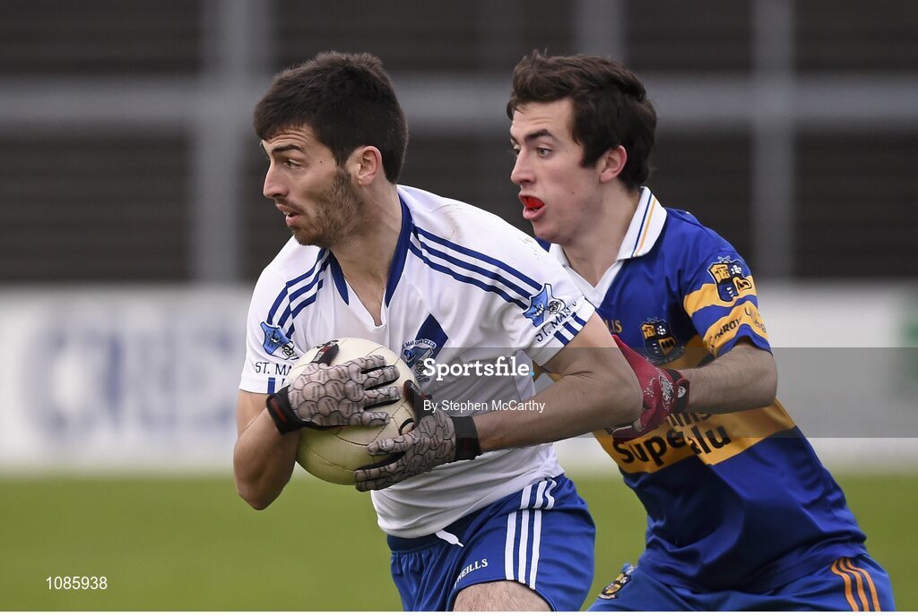 28 November 2015; Sean Cournane, St Mary's, in action against Eoin O'Connor, Carrigaline. AIB Munster GAA Football Intermediate Club Championship Final, St Mary's, Kerry, v Carrigaline, Cork. Fitzgerald Stadium, Killarney, Co. Kerry. Picture credit: Stephen McCarthy / SPORTSFILE