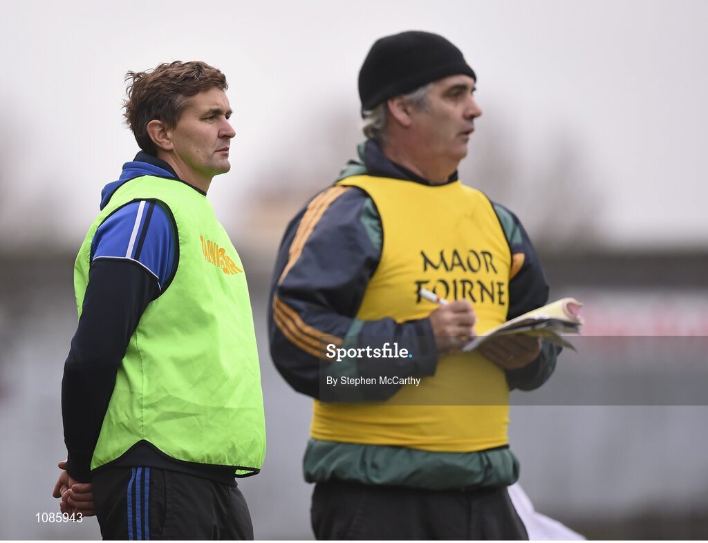 28 November 2015; St Mary's manager Maurice Fitzgerlad, left, and selector Noel Cournane. AIB Munster GAA Football Intermediate Club Championship Final, St Mary's, Kerry, v Carrigaline, Cork. Fitzgerald Stadium, Killarney, Co. Kerry. Picture credit: Stephen McCarthy / SPORTSFILE