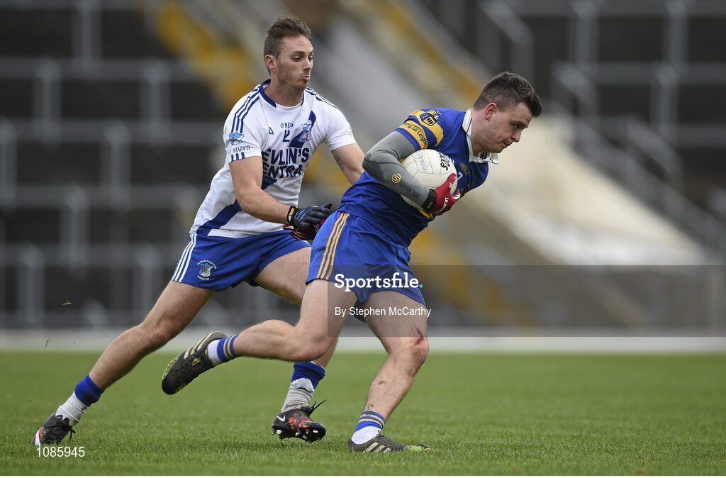 28 November 2015; Shane Griffin, Carrigaline, in action against Paul O'Donoghue, St Mary's. AIB Munster GAA Football Intermediate Club Championship Final, St Mary's, Kerry, v Carrigaline, Cork. Fitzgerald Stadium, Killarney, Co. Kerry. Picture credit: Stephen McCarthy / SPORTSFILE