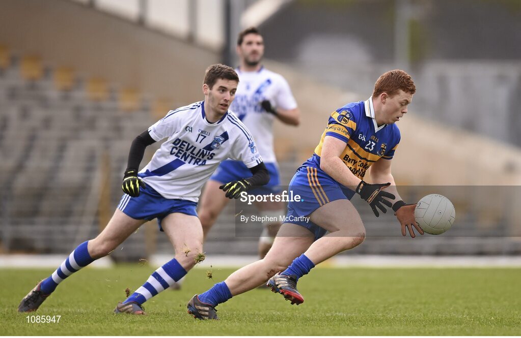 28 November 2015; Killian McIntyre, Carrigaline, in action against Patrick Cournane, St Mary's. AIB Munster GAA Football Intermediate Club Championship Final, St Mary's, Kerry, v Carrigaline, Cork. Fitzgerald Stadium, Killarney, Co. Kerry. Picture credit: Stephen McCarthy / SPORTSFILE