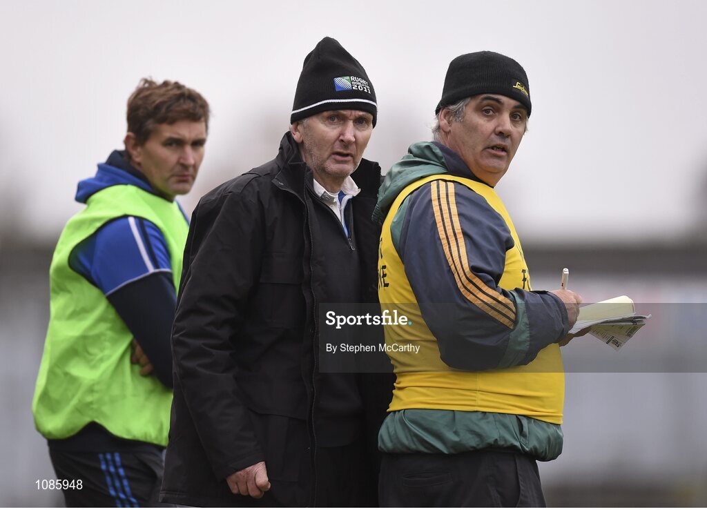 28 November 2015; St Mary's selectors James O'SullEvan, centre, and Noel Cournane, right, with manager Maurice Fitzgerald. AIB Munster GAA Football Intermediate Club Championship Final, St Mary's, Kerry, v Carrigaline, Cork. Fitzgerald Stadium, Killarney, Co. Kerry. Picture credit: Stephen McCarthy / SPORTSFILE