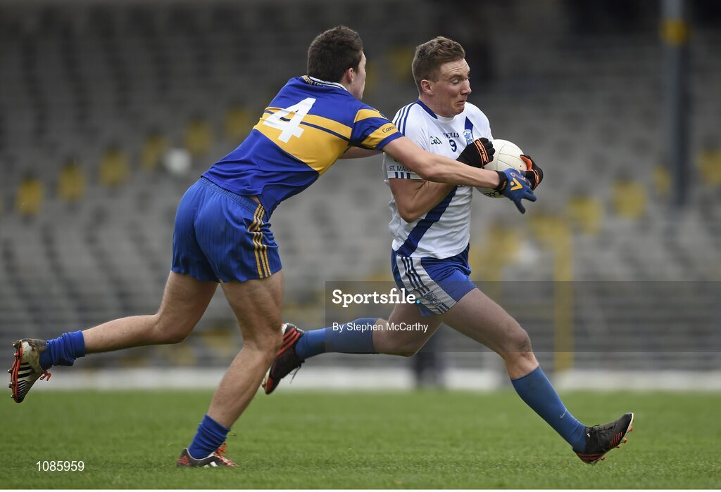 28 November 2015; Denis Daly, St Mary's, in action against Kieran Kavanagh, Carrigaline. AIB Munster GAA Football Intermediate Club Championship Final, St Mary's, Kerry, v Carrigaline, Cork. Fitzgerald Stadium, Killarney, Co. Kerry. Picture credit: Stephen McCarthy / SPORTSFILE