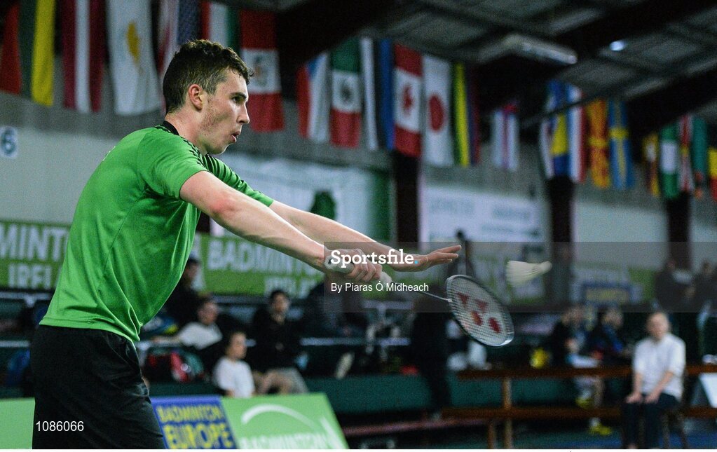 2 December 2015; Mark Brady, Ireland, in action against Bernardo Atilano, Portugal. 102nd Carlton Irish Open Badminton Championships Qualification, Baldoyle, Co. Dublin. Picture credit: Piaras Ó Mídheach / SPORTSFILE