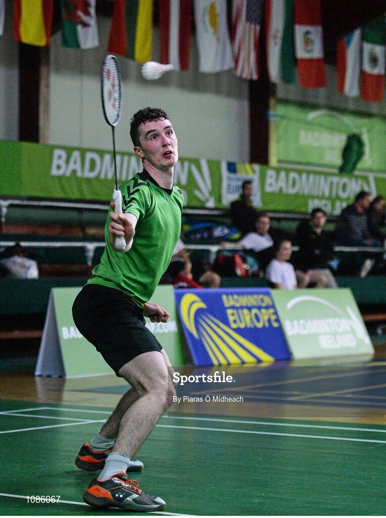 2 December 2015; Mark Brady, Ireland, in action against Bernardo Atilano, Portugal. 102nd Carlton Irish Open Badminton Championships Qualification, Baldoyle, Co. Dublin. Picture credit: Piaras Ó Mídheach / SPORTSFILE