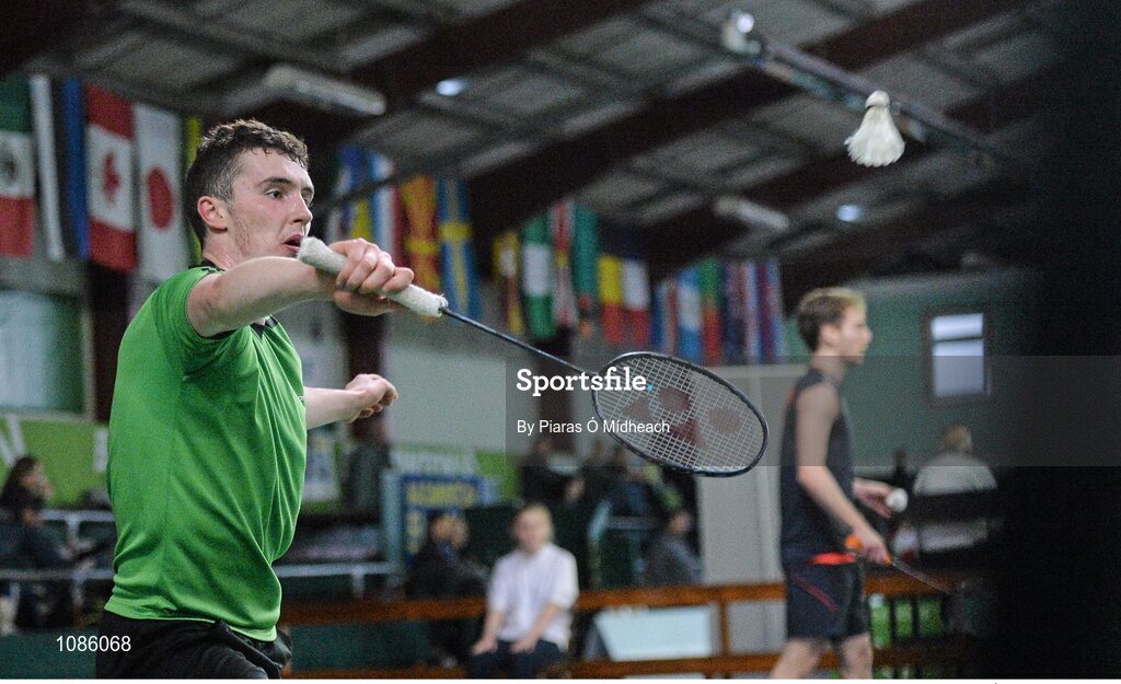 2 December 2015; Mark Brady, Ireland, in action against Bernardo Atilano, Portugal. 102nd Carlton Irish Open Badminton Championships Qualification, Baldoyle, Co. Dublin. Picture credit: Piaras Ó Mídheach / SPORTSFILE