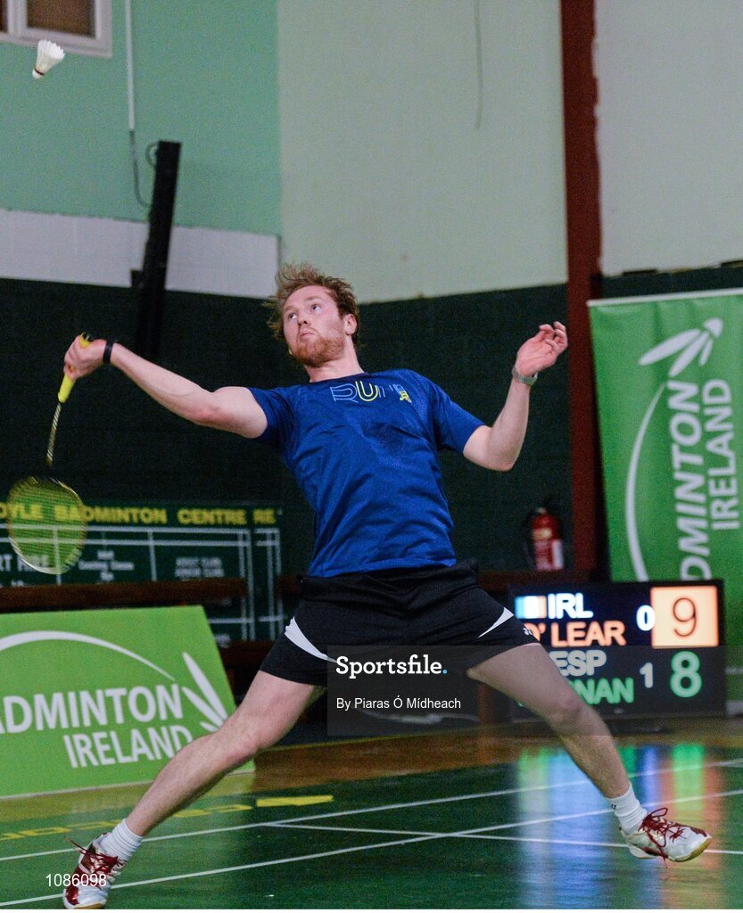 2 December 2015; Liam O'Leary, Ireland, in action against Juan Manuel Fernandez Quiles, Spain. 102nd Carlton Irish Open Badminton Championships Qualification, Baldoyle, Co. Dublin. Picture credit: Piaras Ó Mídheach / SPORTSFILE