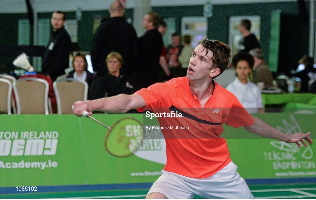 2 December 2015; Joshua Magee, Ireland, in action against Ben Torrance, Scotland. 102nd Carlton Irish Open Badminton Championships Qualification, Baldoyle, Co. Dublin. Picture credit: Piaras Ó Mídheach / SPORTSFILE