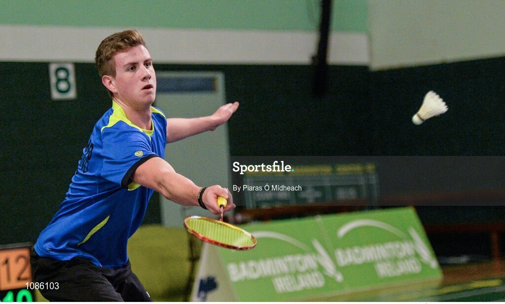 2 December 2015; Curtis Presho, Ireland, in action against Matthew Carder, Scotland. 102nd Carlton Irish Open Badminton Championships Qualification, Baldoyle, Co. Dublin. Picture credit: Piaras Ó Mídheach / SPORTSFILE