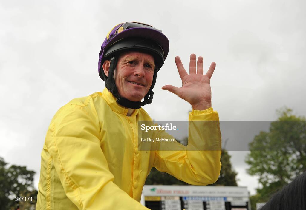 5 September 2009; Jockey Mick Kinane after winning the Tattersalls Millions Irish Champion Stakes on Sea The Stars. Leopardstown Racecourse, Dublin. Picture credit: Ray McManus / SPORTSFILE