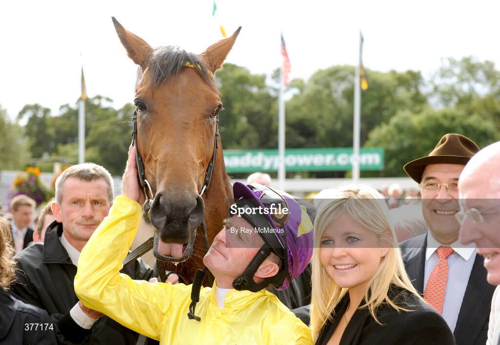 5 September 2009; Jockey Mick Kinane with winning connections after Sea The Stars won the Tattersalls Millions Irish Champion Stakes. Leopardstown Racecourse, Dublin. Picture credit: Ray McManus / SPORTSFILE