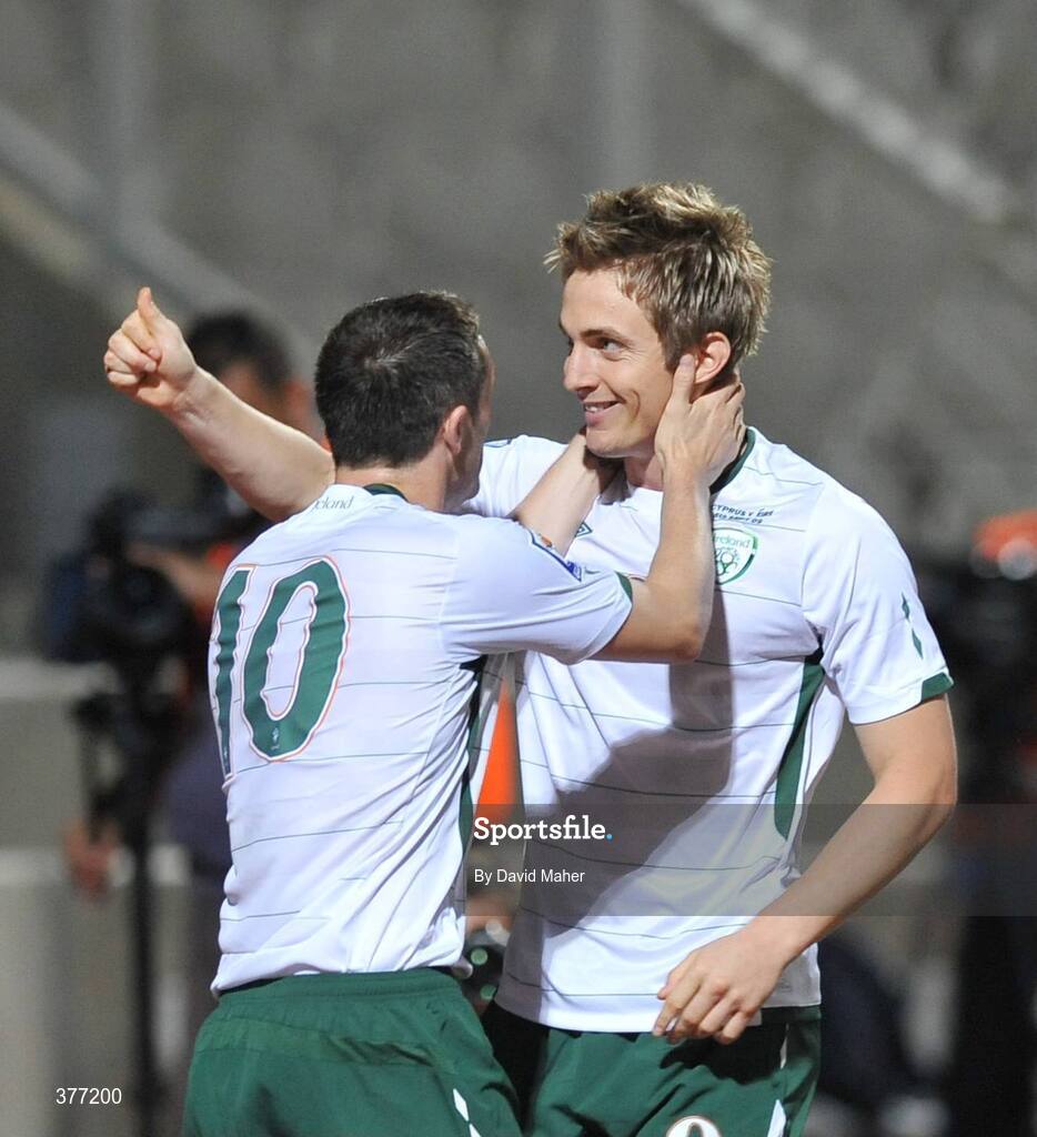 5 September 2009; Kevin Doyle celebrates with Robbie Keane, left, after scoring a 5th minute goal for the Republic of Ireland. Cyprus v Republic of Ireland - 2010 FIFA World Cup Qualifier, GSP Stadium, Nicosia, Cyprus. Picture credit: David Maher / SPORTSFILE