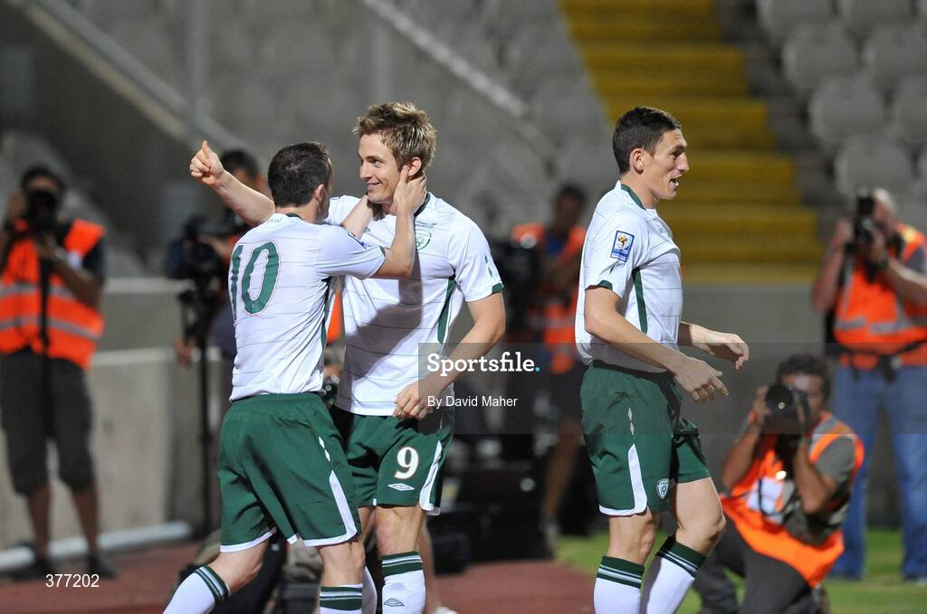5 September 2009; Kevin Doyle celebrates with Robbie Keane, left, and Keith Andrews after scoring a 5th minute goal for the Republic of Ireland. Cyprus v Republic of Ireland - 2010 FIFA World Cup Qualifier, GSP Stadium, Nicosia, Cyprus. Picture credit: David Maher / SPORTSFILE