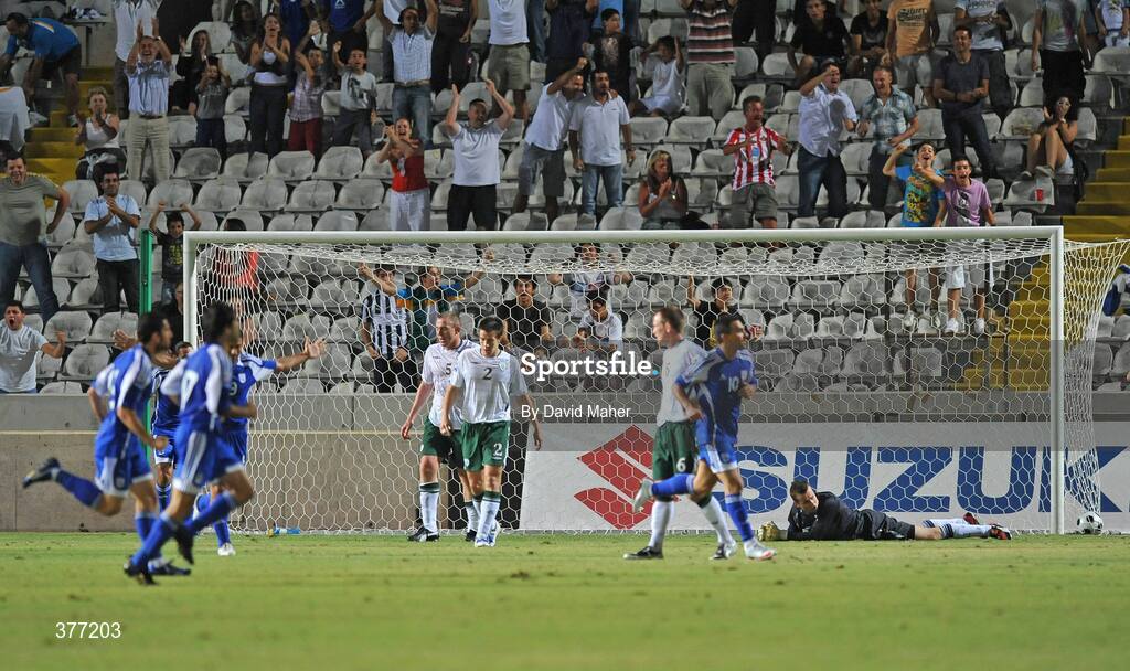 5 September 2009; Cyprus players run to celebrate with Marios Ilia, who had an equalising goal in the 30th minute, as Republic of Ireland players, left to right, Richard Dunne, Sean St. Ledger and Shay Given  look on dejected. Cyprus v Republic of Ireland - 2010 FIFA World Cup Qualifier, GSP Stadium, Nicosia, Cyprus. Picture credit: David Maher / SPORTSFILE