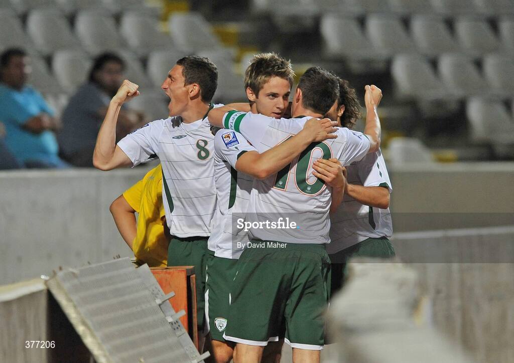 5 September 2009; Kevin Doyle, Republic of Ireland, celebrates after scoring his side's first goal with team-mates Keith Andrews, left, Robbie Keane, 10, and  Stephen Hunt, right. Cyprus v Republic of Ireland - 2010 FIFA World Cup Qualifier, GSP Stadium, Nicosia, Cyprus. Picture credit: David Maher / SPORTSFILE