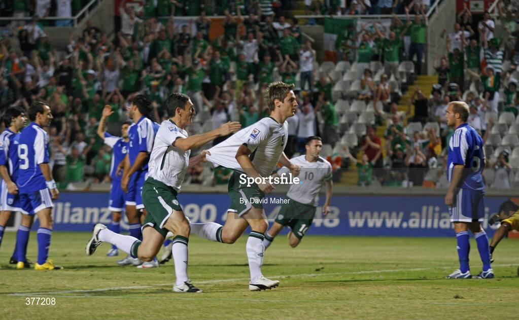 5 September 2009; Kevin Doyle, right, celebrates with Keith Andrews after scoring a 5th minute goal for the Republic of Ireland. Cyprus v Republic of Ireland - 2010 FIFA World Cup Qualifier, GSP Stadium, Nicosia, Cyprus. Picture credit: David Maher / SPORTSFILE