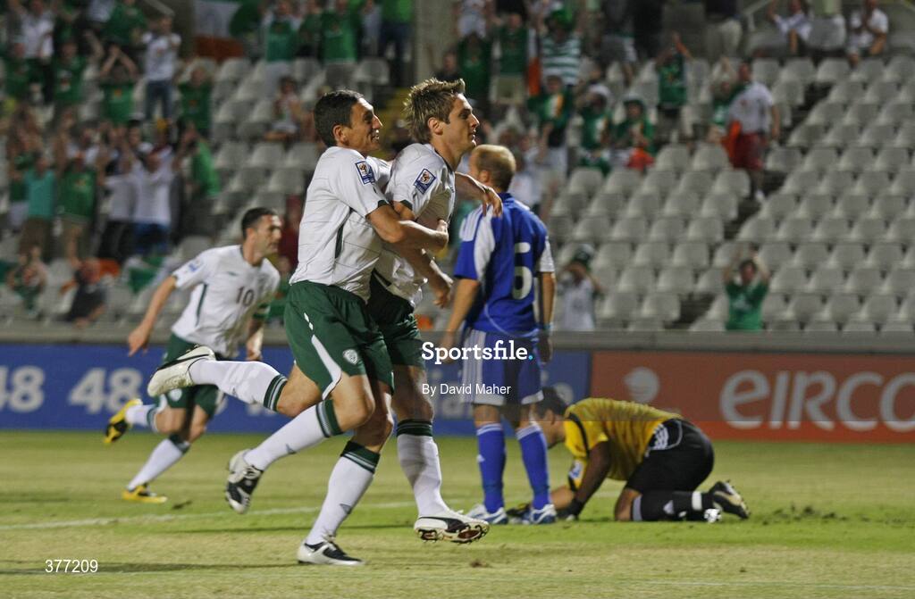 5 September 2009; Kevin Doyle celebrates with Keith Andrews, left, after scoring a 5th minute goal for the Republic of Ireland. Cyprus v Republic of Ireland - 2010 FIFA World Cup Qualifier, GSP Stadium, Nicosia, Cyprus. Picture credit: David Maher / SPORTSFILE