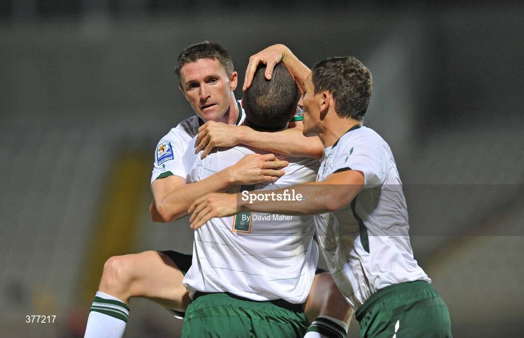 5 September 2009; Robbie Keane celebrates with Republic of Ireland team-mates John O’Shea and Keith Andrews after scoring his side's second goal in the 82nd minute. Cyprus v Republic of Ireland - 2010 FIFA World Cup Qualifier, GSP Stadium, Nicosia, Cyprus. Picture credit: David Maher / SPORTSFILE