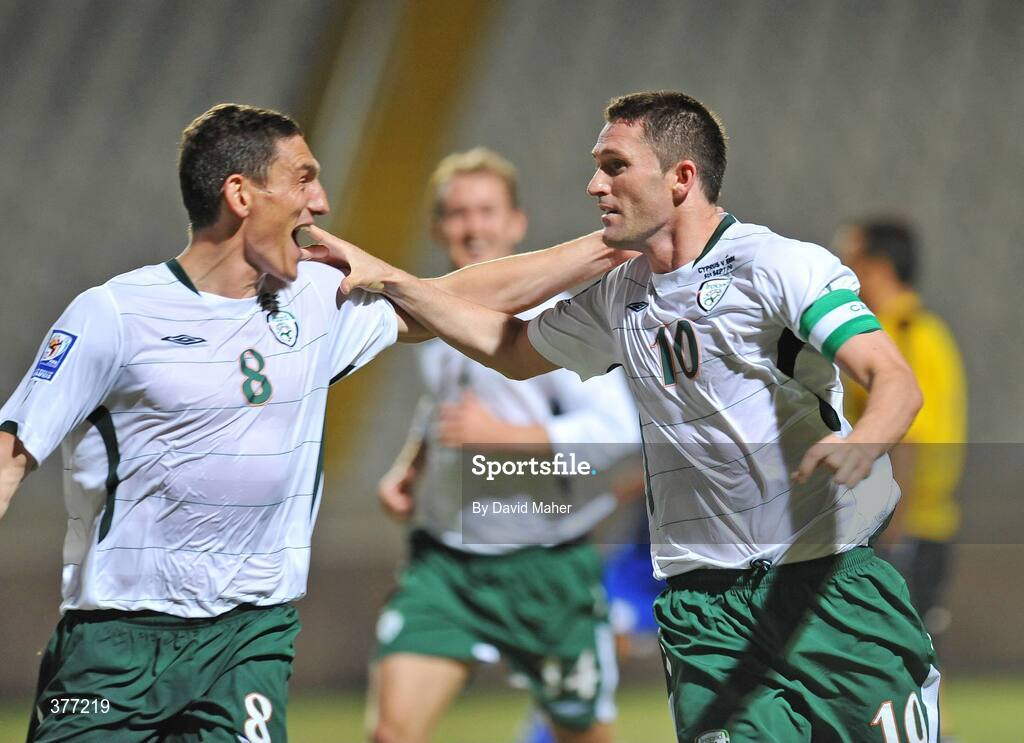 5 September 2009; Robbie Keane celebrates after scoring the Republic of Ireland's second goal in the 82nd minute with team-mate Keith Andrews. Cyprus v Republic of Ireland - 2010 FIFA World Cup Qualifier, GSP Stadium, Nicosia, Cyprus. Picture credit: David Maher / SPORTSFILE