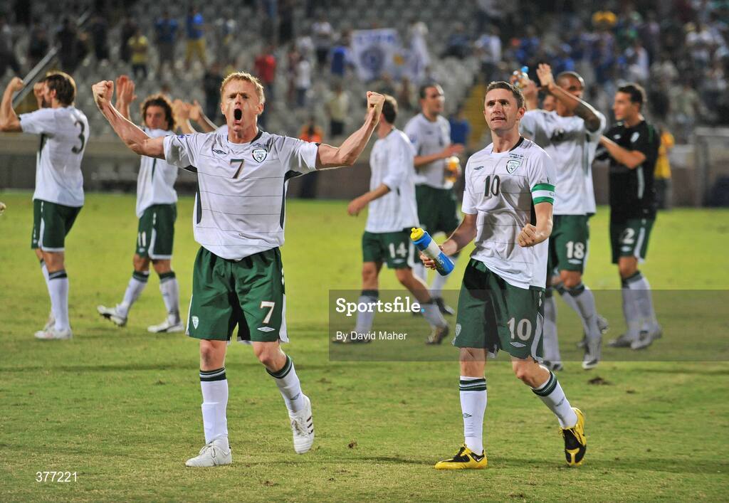 5 September 2009; Damien Duff and Robbie Keane celebrate victory for the Republic of Ireland. Cyprus v Republic of Ireland - 2010 FIFA World Cup Qualifier, GSP Stadium, Nicosia, Cyprus. Picture credit: David Maher / SPORTSFILE