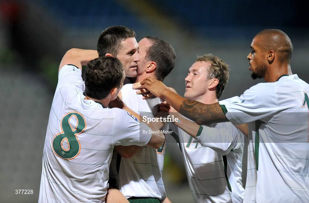 5 September 2009; Robbie Keane, second from left, Republic of Ireland, celebrates after scoring his side's second goal with team-mates left to right, Keith Andrews, John O'Shea, Aiden McGeady and Caleb Folan. Cyprus v Republic of Ireland - 2010 FIFA World Cup Qualifier, GSP Stadium, Nicosia, Cyprus. Picture credit: David Maher / SPORTSFILE
