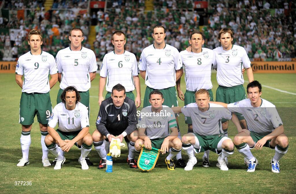 5 September 2009; Republic of Ireland team, back row left to right, Kevin Doyle, Richard Dunne, Glenn Whelan, John O'Shea, Keith Andrews and Kevin Kilbane, front row left to right, Stephen Hunt, Shay Given, Robbie Keane, Damien Duff and Sean St.Ledger. Cyprus v Republic of Ireland - 2010 FIFA World Cup Qualifier, GSP Stadium, Nicosia, Cyprus. Picture credit: David Maher / SPORTSFILE