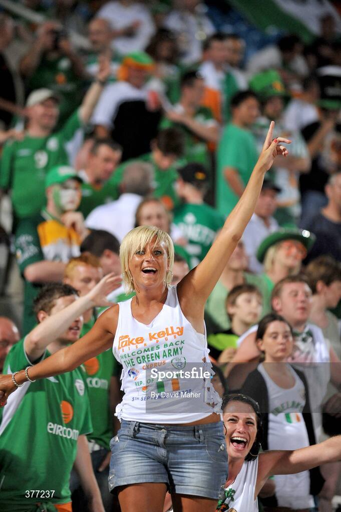5 September 2009; A Republic of Ireland supporter celebrates at the end of the game. Cyprus v Republic of Ireland - 2010 FIFA World Cup Qualifier, GSP Stadium, Nicosia, Cyprus. Picture credit: David Maher / SPORTSFILE