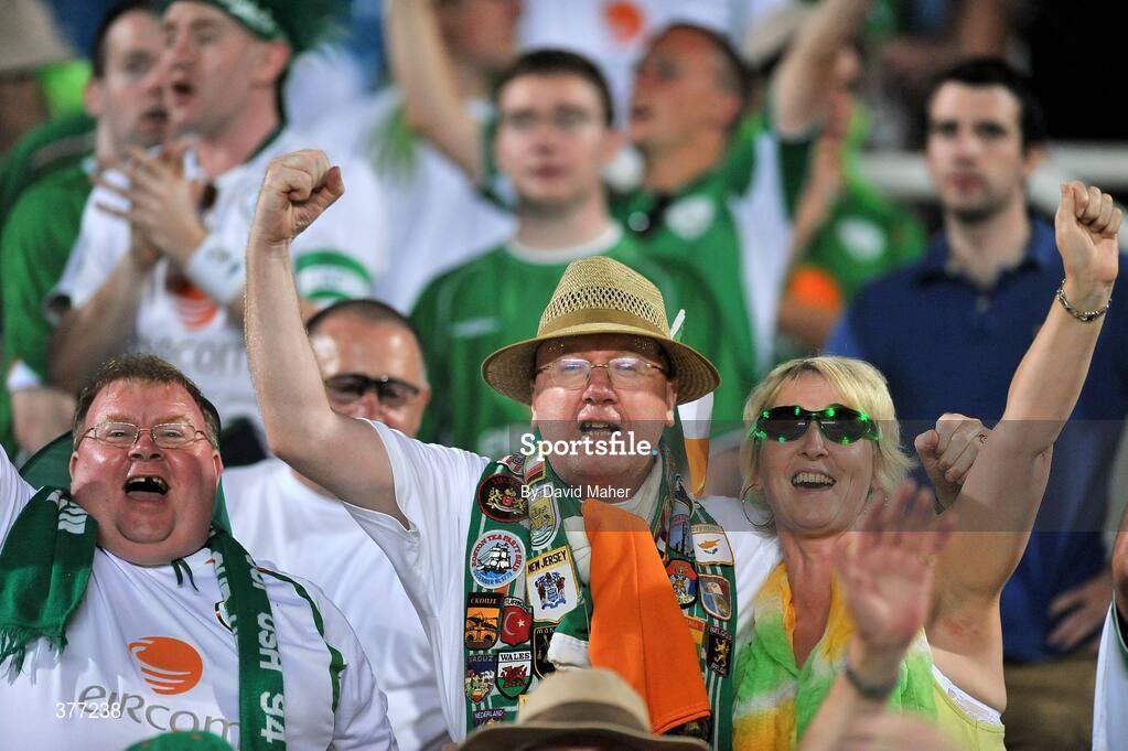 5 September 2009; Republic of Ireland supporters celebrate at the end of the game. Cyprus v Republic of Ireland - 2010 FIFA World Cup Qualifier, GSP Stadium, Nicosia, Cyprus. Picture credit: David Maher / SPORTSFILE