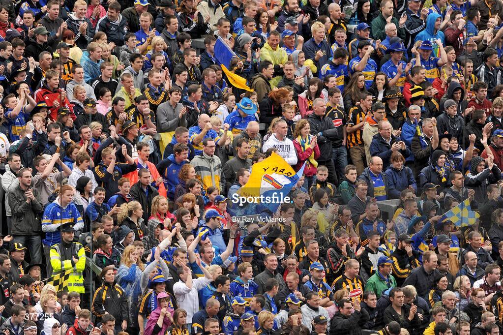 6 September 2009; Tipperary supporters cheer on their team from Hill 16. GAA Hurling All-Ireland Senior Championship Final, Kilkenny v Tipperary, Croke Park, Dublin. Picture credit: Ray McManus / SPORTSFILE