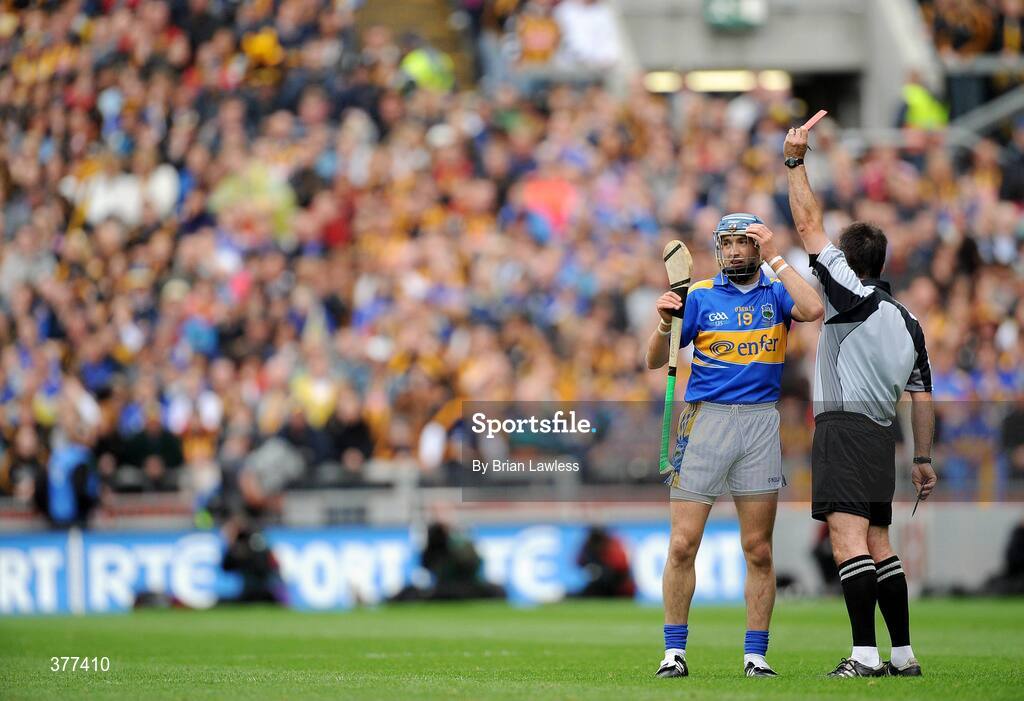 6 September 2009; Tipperary's Benny Dunne reacts as he is shown the red card by referee Diarmuid Kirwan. GAA Hurling All-Ireland Senior Championship Final, Kilkenny v Tipperary, Croke Park, Dublin. Picture credit: Brian Lawless / SPORTSFILE