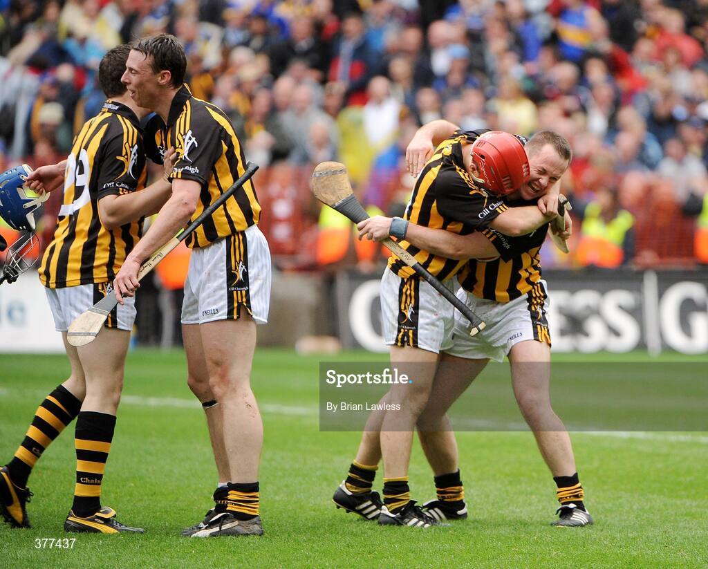 6 September 2009; Kilkenny players, from left, Eoin Reid, Brian Hogan, Tommy Walsh and Michael Kavanagh celebrate after the match. GAA Hurling All-Ireland Senior Championship Final, Kilkenny v Tipperary, Croke Park, Dublin. Picture credit: Brian Lawless / SPORTSFILE