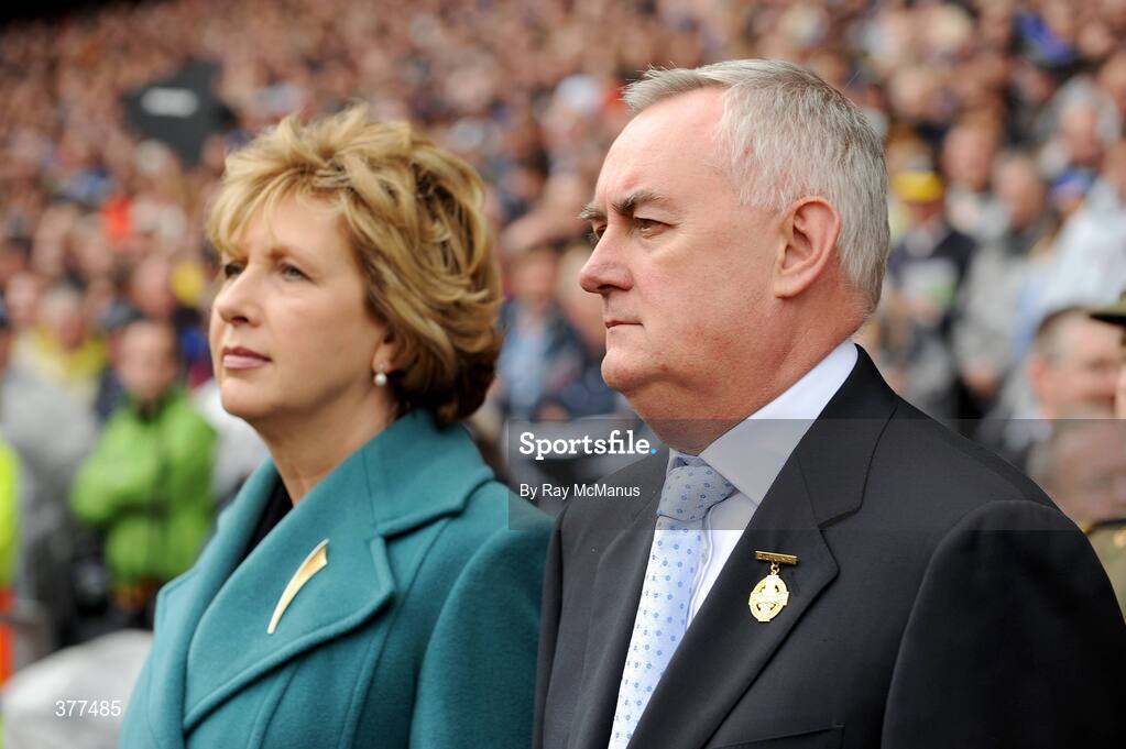 6 September 2009; The President of Ireland Mary McAleese and Uachtarán Chumann Lúthchleas Gael Criostóir Ó Cuana stand for the playing of the Presidential Salute. GAA Hurling All-Ireland Senior Championship Final, Kilkenny v Tipperary, Croke Park, Dublin. Picture credit: Ray McManus / SPORTSFILE